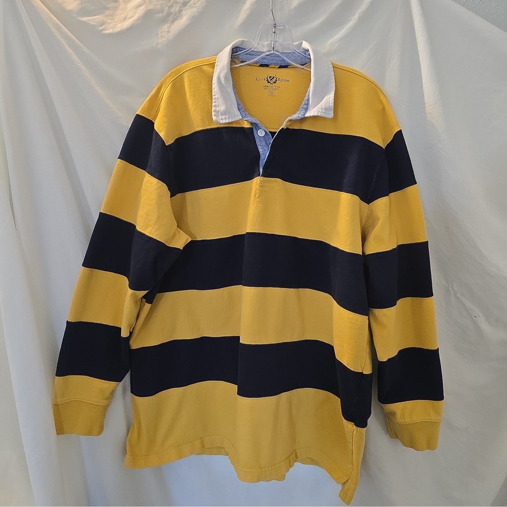 Club Room Men's 2XL Long Sleeve Rugby Polo Shirt Yellow/navy Striped Y2K Vibes